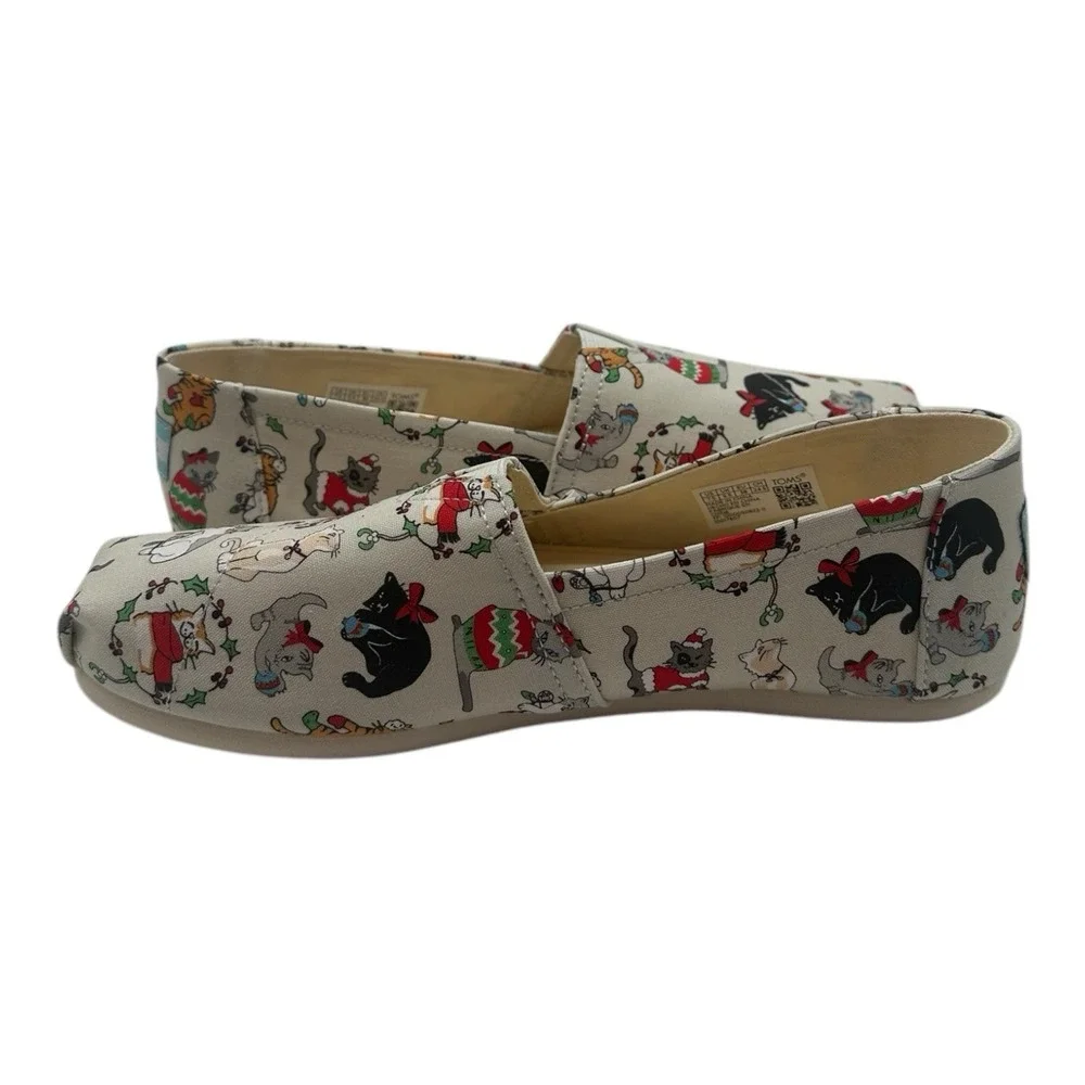 Toms Belmont Christmas Cats Shoes Womens 7.5 Gray Holiday‎ Slip On Shoes